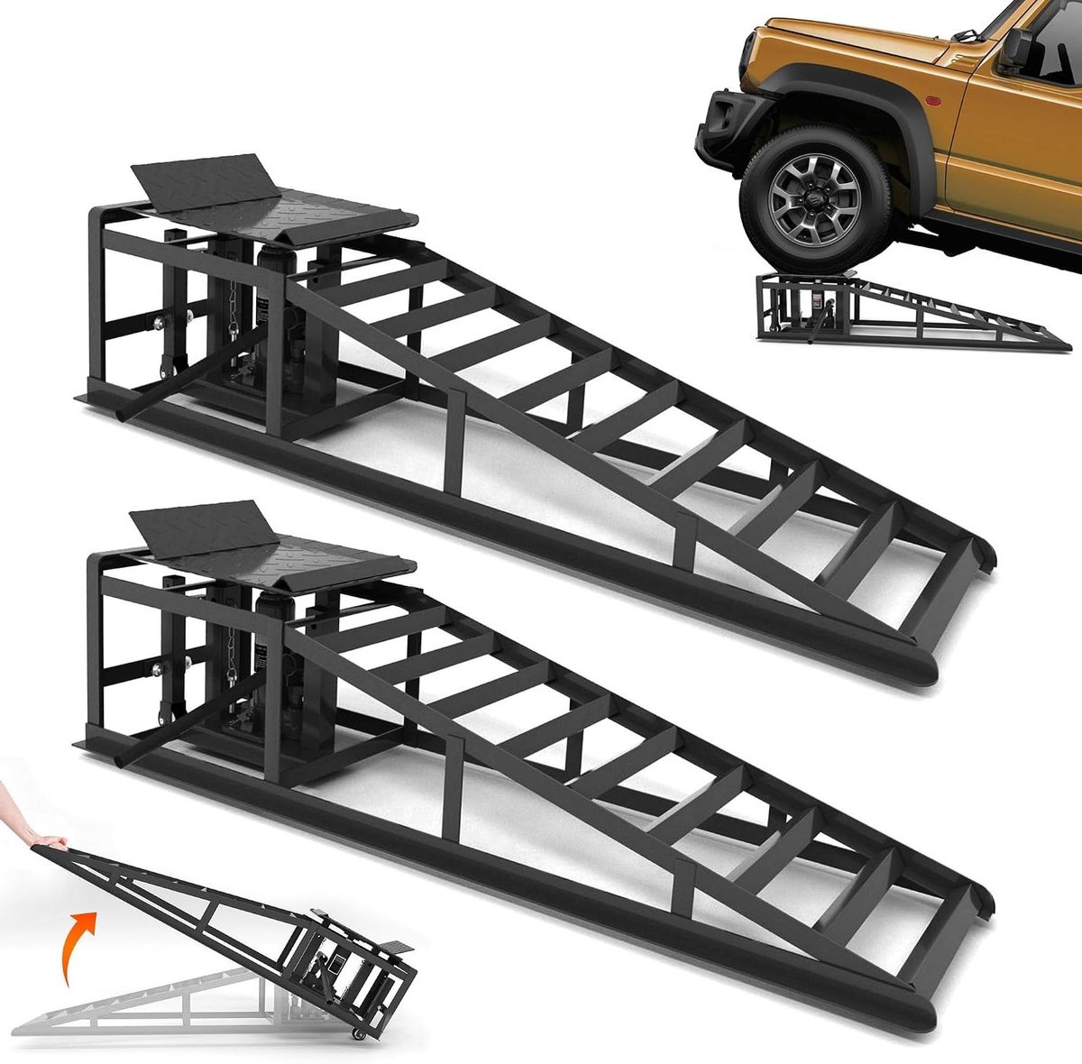 Oprijplaten met Krik - Hefbrug Auto - Onderhoud Voertuigen - Traploos Verstelbaar - 2000 kg - Grijs