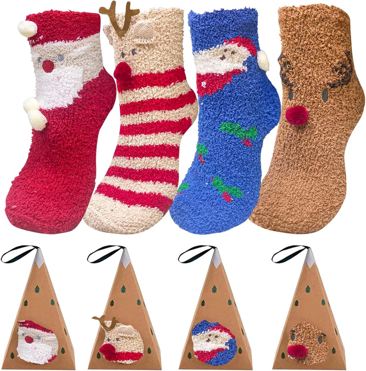 4 paar kerstsokken met geschenkdoos, kerstsokken, kerstmotief, warme feestelijke katoenen sokken, kerstsokken, dierenpatroon, cartoon, Couleur, Couleur, Small, Couleur, Small