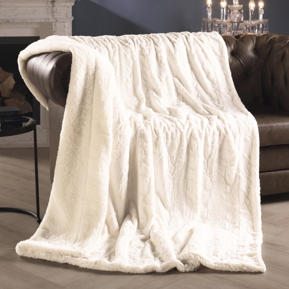 Lifestyle Nottingham Deken van imitatiebont, wollige zachte knuffeldeken met imitatiebont, XXL met lamsvachtlook, 150 x 200 cm, naturel wit