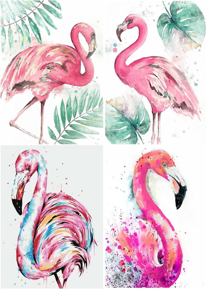 Diamond Painting Set van 4 diamond painting, flamingo, diamanten, schilderij, schilderen op nummer, schilderen op nummers, volledige boorset voor woonkamer, slaapkamer, kantoor, wanddecoratie