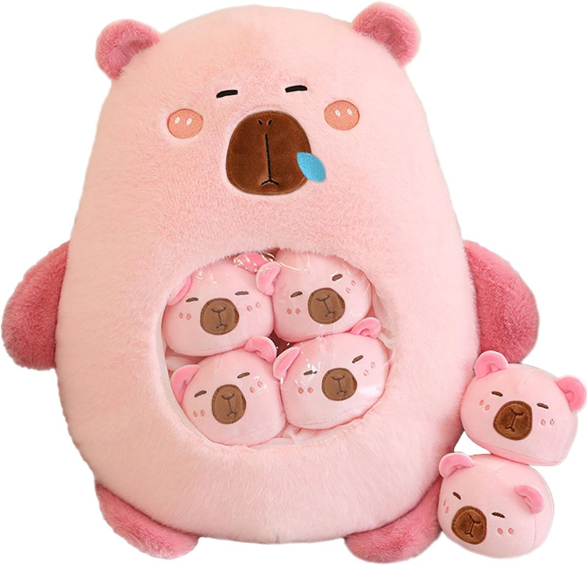 pluche met 6 schattige baby's, een zak met Capibara knuffeldier snack kussen, superzachte Capibara pluche pop kussen voor baby jongens meisjes speelgoed(Roze)