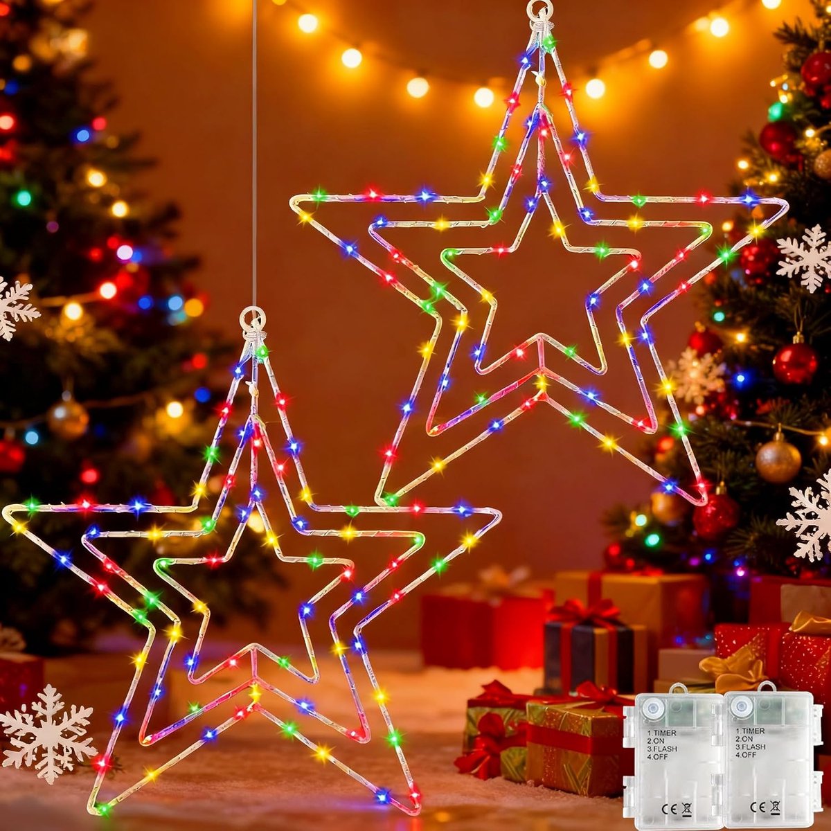 Raamverlichting op Batterijen met Timer, LED Sterrenverlichting Waterdichte Hangende Kerstversieringen Raamdecoratie voor Binnen Buiten Ramen Kerst