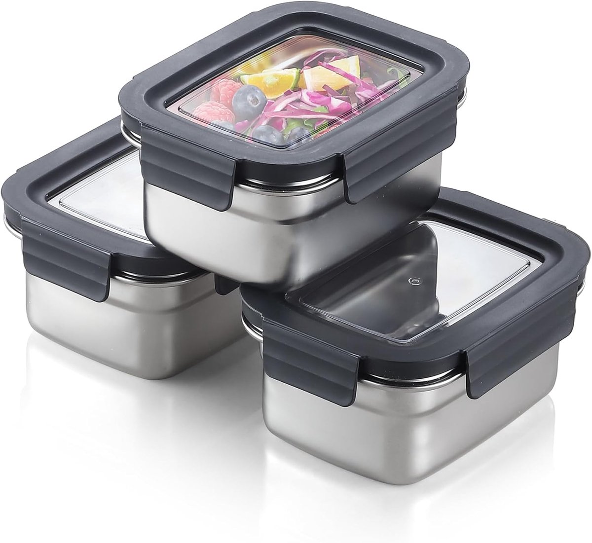 Roestvrijstalen voedselopslagcontainers met deksels - stapelbare luchtdichte maaltijdbereidingscontainers voor keuken en voorraadkast, lekvrij, herbruikbare metalen bento-lunchbox 600 ml, 3