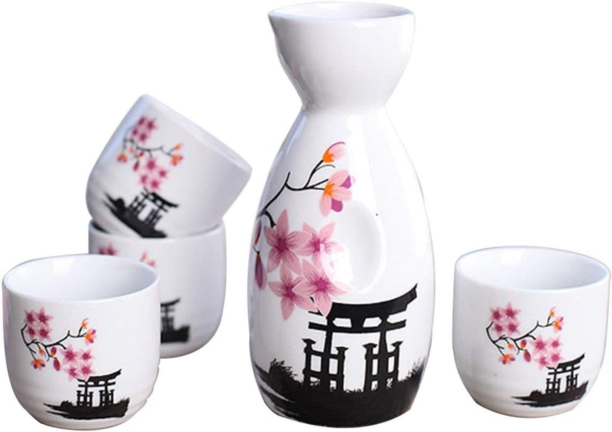5 stuks Keramische Japanse Sake Set - Roze Bloesem