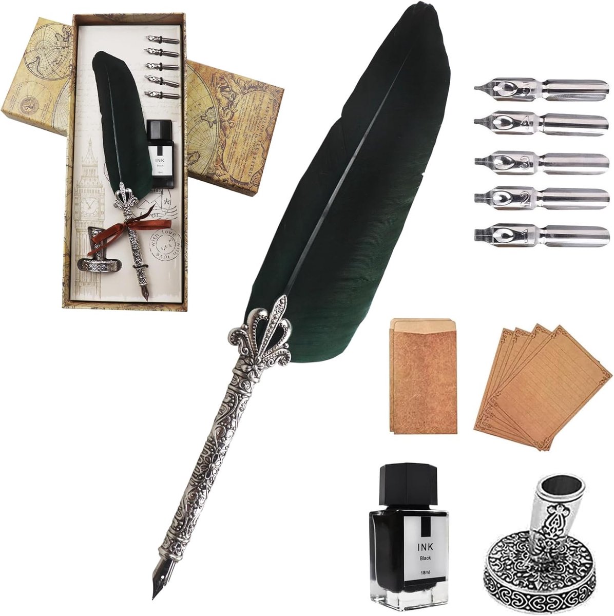 inktset, vintage dip pen, schrijfpen kalligrafiepen met 5 veren en zwarte inkt, perfect voor beginners met kalligrafie (met inkt)