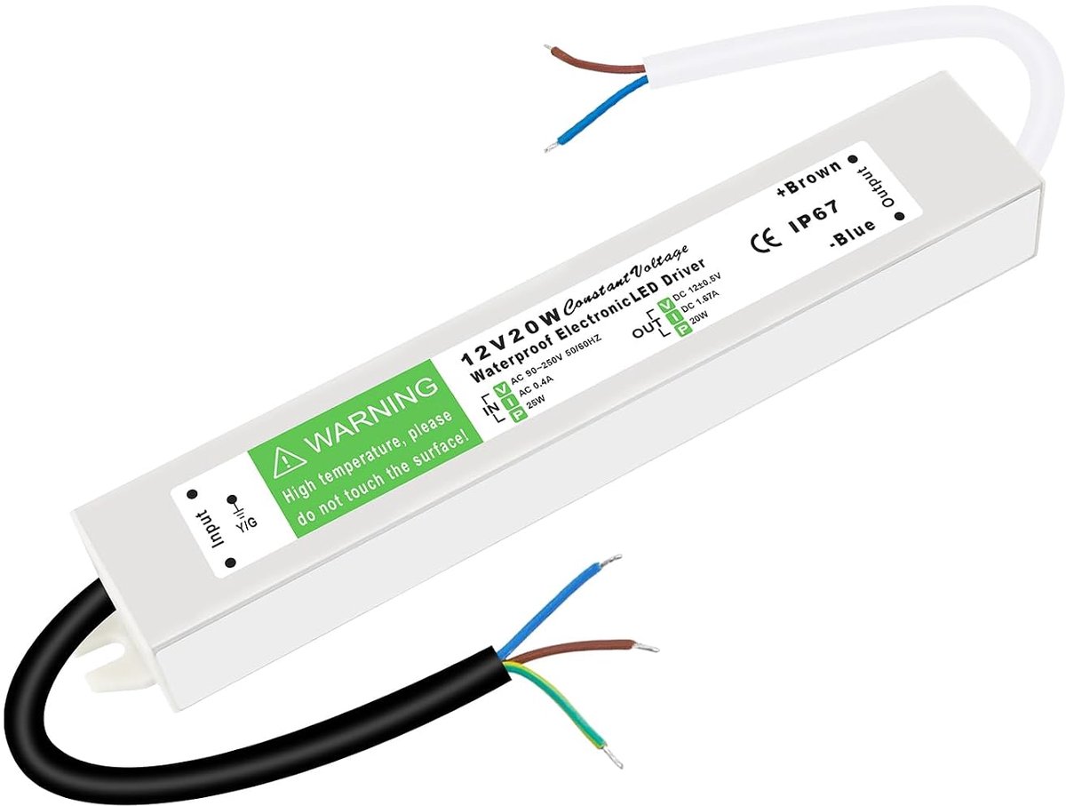 transformator 12V 20W, transformator 230V naar 12V LED Driver 12V voeding 1.67A, IP67 waterdicht, constante spanning laagspanning voor lampen MR11 MR16 G4 halogeen