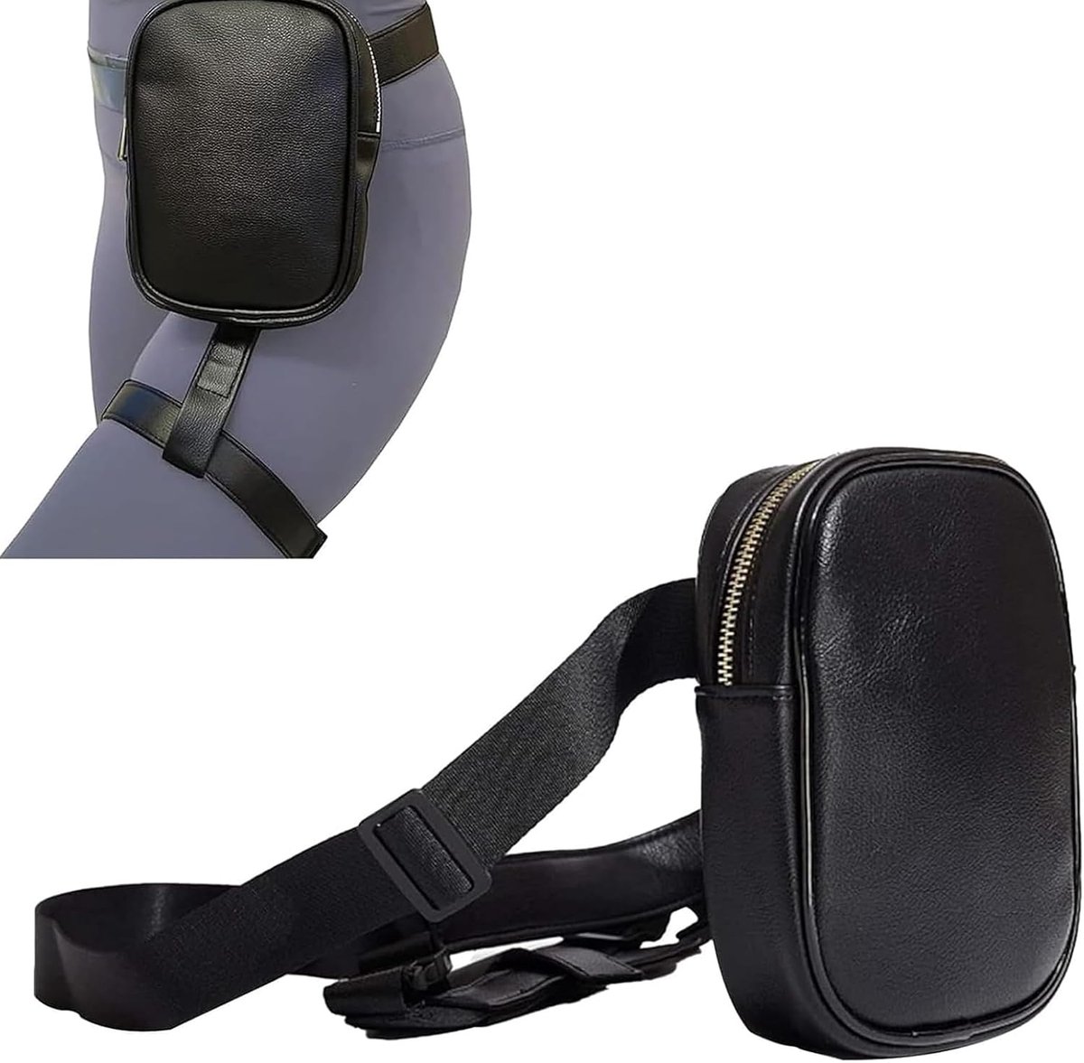 PU-leer, veelzijdig, instelbaar, waterdicht, heuptas, voor heren en dames, dijbeentas, klein, afneembare beenriemen voor hardlopen, wandelen, winkelen, zwart, 13 x 18 x 5 cm, Sport