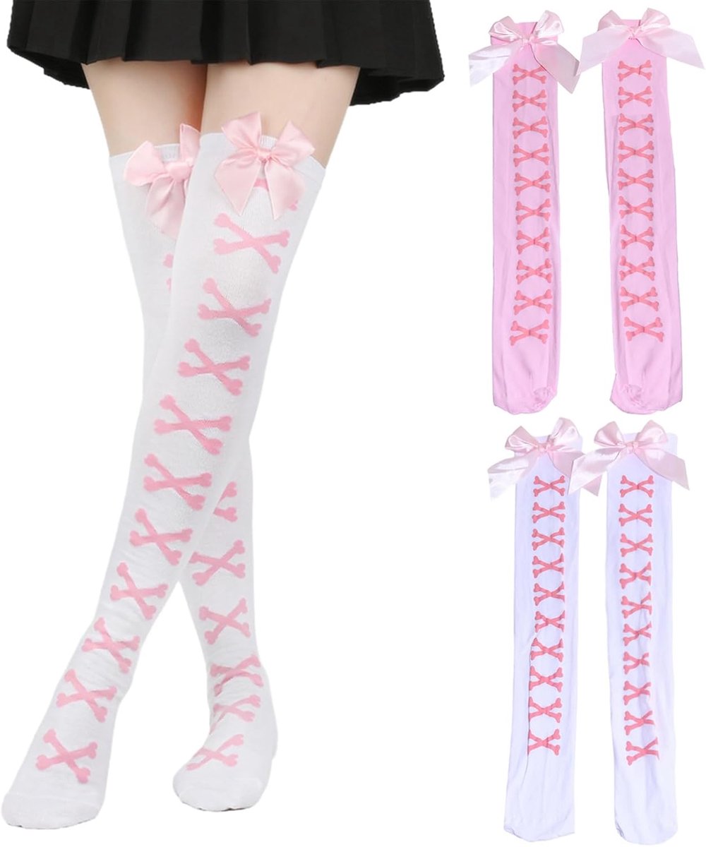 Kniekousen voor vrouwen, dijhoogte rekbaar, meisjes kniekousen met strikken, lange sokken vrouwen, overknee sokken voor school, sport en vrijetijdskleding (wit, roze)