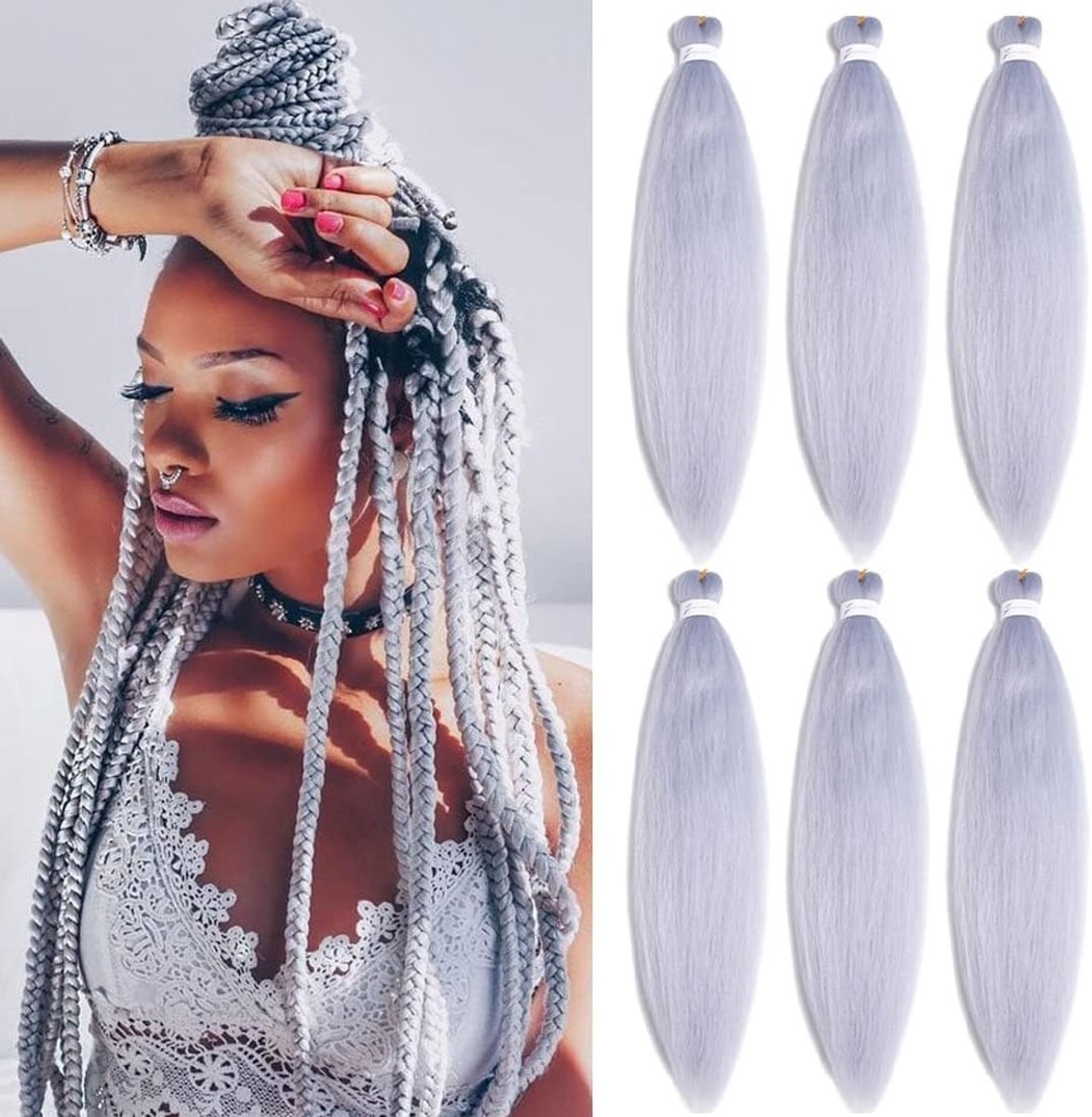 vlechthaar, zilveren vlechthaar extensions voor vlechten, 61 cm, 6 verpakkingen Yaki getextureerde gehaakt synthetische warmwaterzetting, gehaakte extensions (61 cm, zilver#)