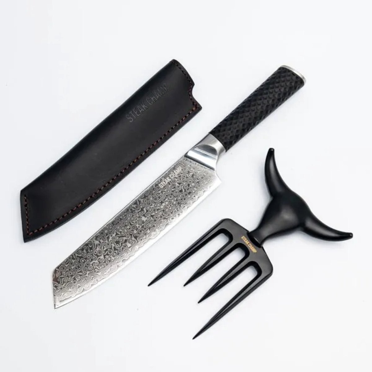 Steak Champ - Black Pearls Gift Box - Damast Koksmes & Vleesvork - 67-Lagen Staal - Lederen Schede