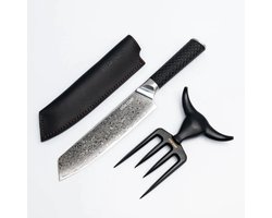 Steak Champ - Black Pearls Gift Box - Damast Koksmes & Vleesvork - 67-Lagen Staal - Lederen Schede