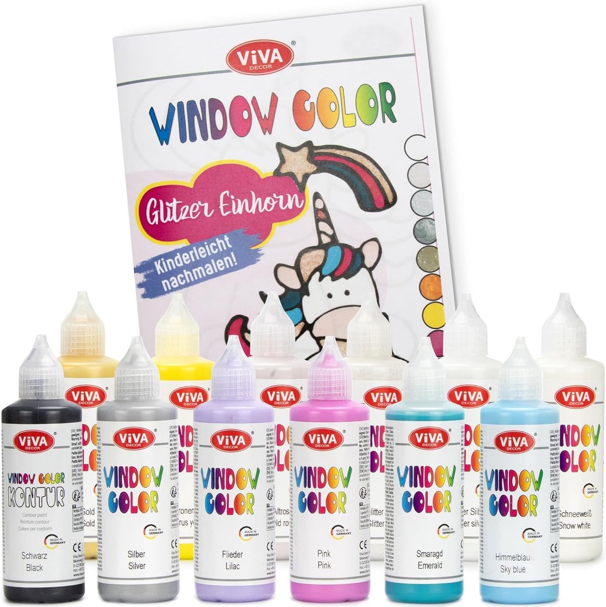 LM-Kreativ Glitter Unicorn - raamverf set - 12 x 80 ml waterbasis met glitter - inclusief sjabloonboekje met 35 motieven