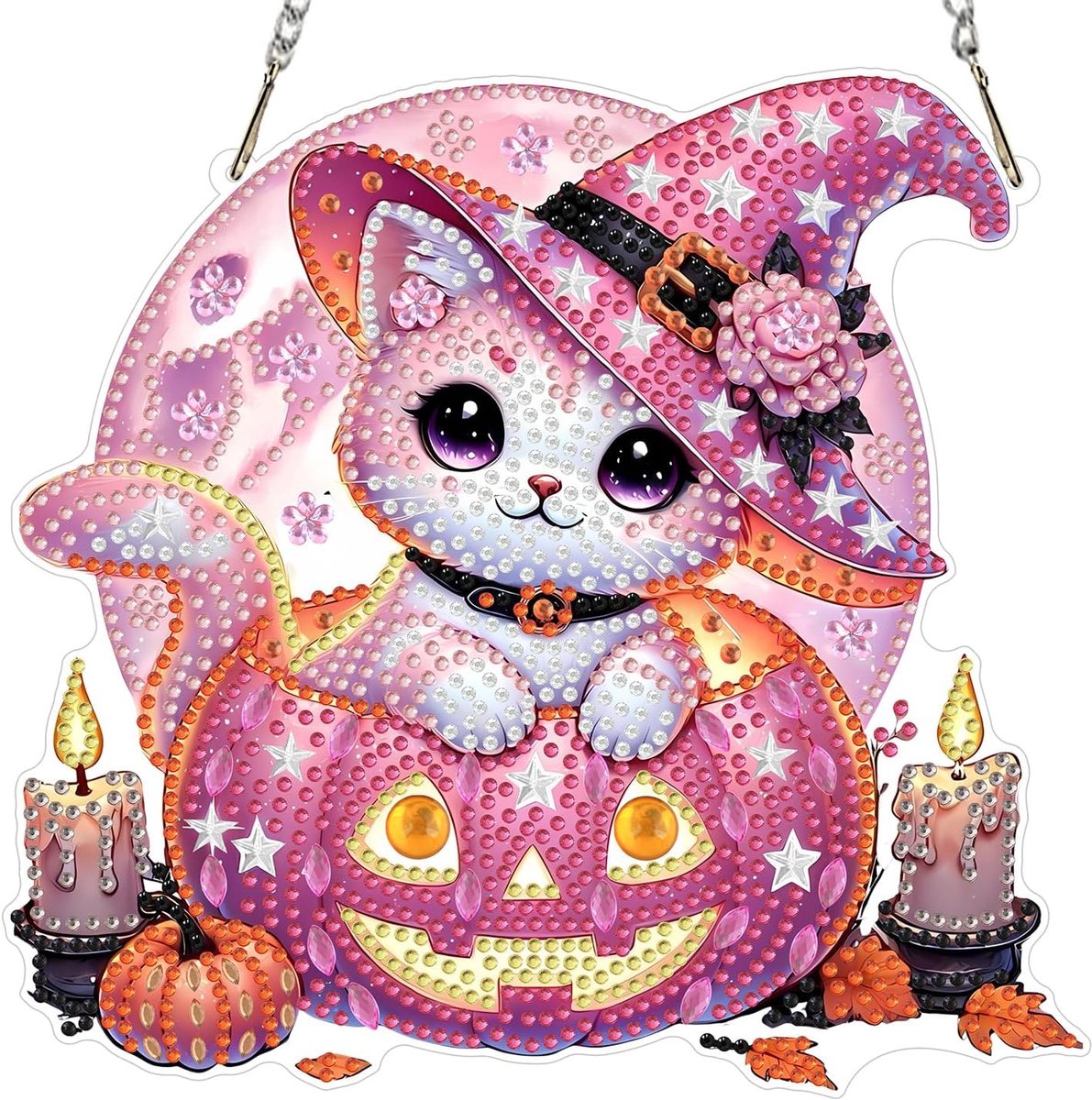 Halloween Diamond Painting Raamafbeeldingen, Roze Kitten Diamond Painting Hanger Volwassenen, Pompoen Lantaarn Diamant Foto's Kunst Hangende Ornament Kits Voor Thuis Raam Decor 20x20cm
