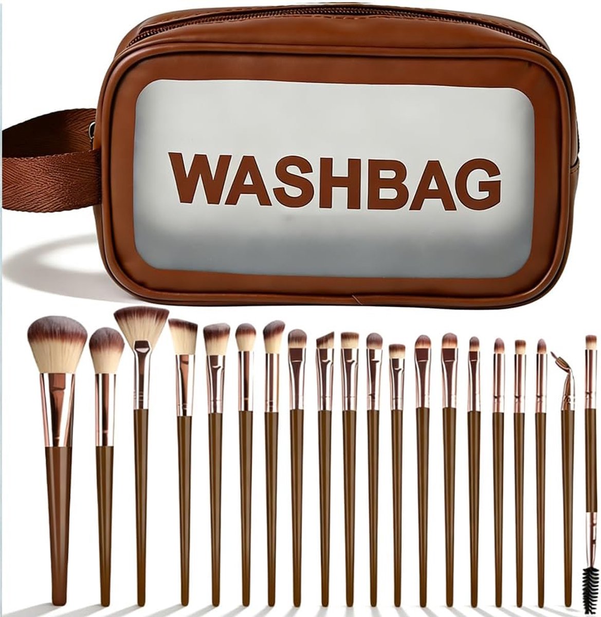 Professionele make-upkwastenset met Poederkwasten en reistas, premium synthetische stichting, poeder, blush, blending, gezichtskwast, oogschaduw, make-upkwast (Bruin 20pcs)