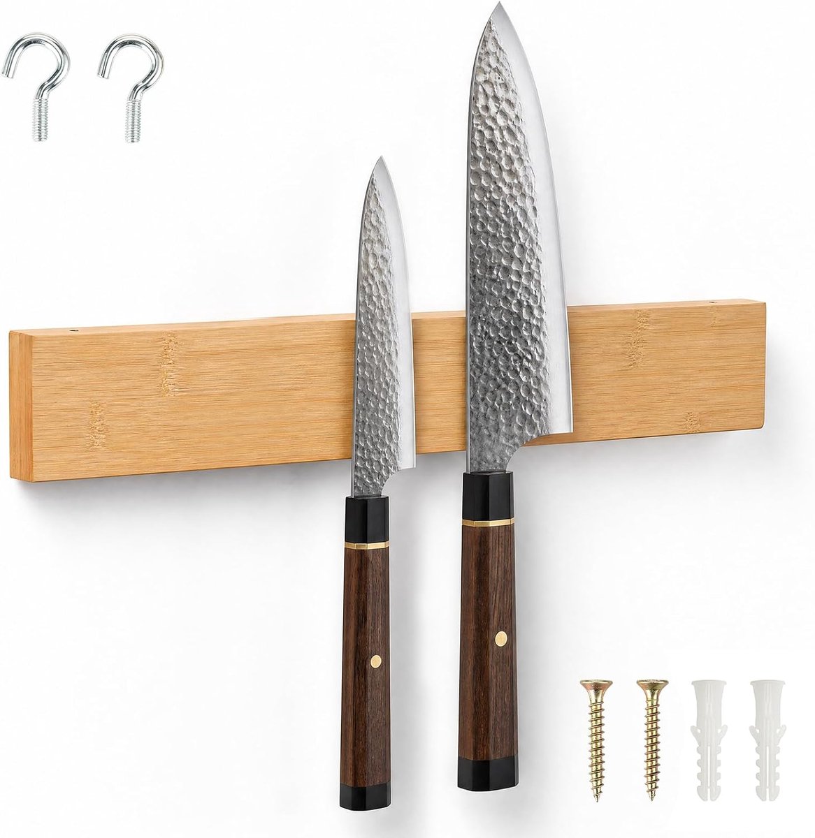 Magneetstrip messen bamboe 40 cm, messenhouder magnetisch met 2 haken, voor muur zonder boren, extra sterke magneet messenhouder zonder mes, voor keukengerei, gereedschap, opslag