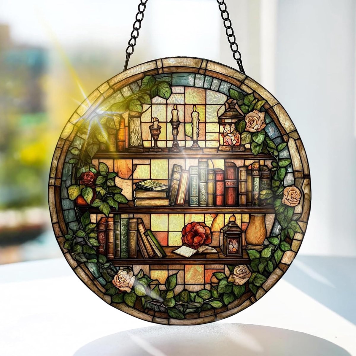Boek Gekleurd Glas Hangend - Bloemen Hangende Raamdecoratie - voor Tuin, Raam en Deur, Kerst, Handgemaakte Suncatcher Decoratie 20x20 cm