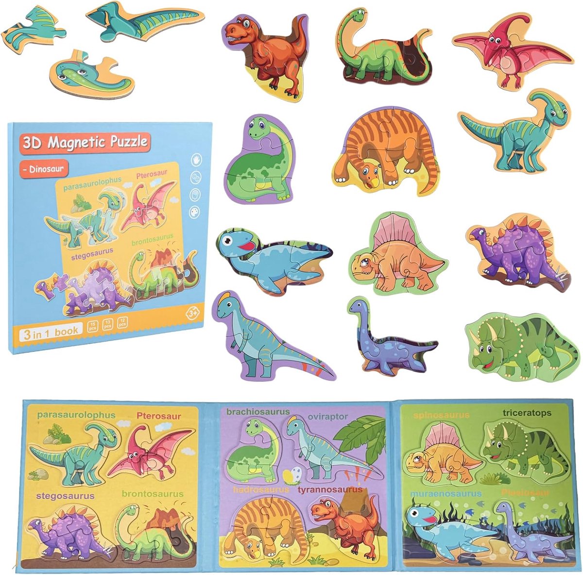Magnetische dinosaurus-puzzel met herbruikbare stickers, 80 stuks voor kinderen, 40 delen puzzel, Preschool Education Learning Travel Toys Car Plane Activiteiten