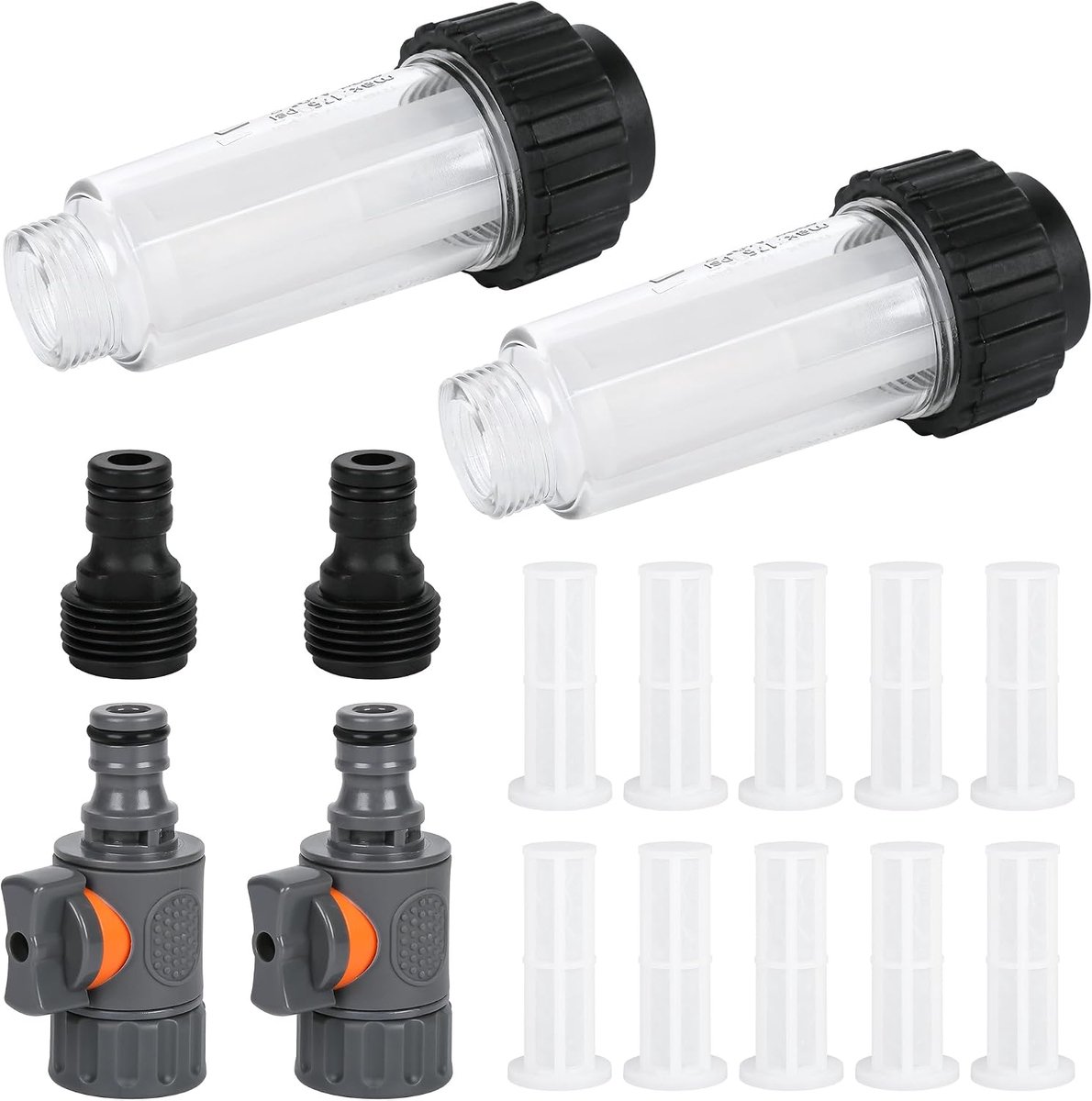 Waterfilter voor Campers: Set van 2 Waterfilters van 3/4 Inch met Voorfilter Snelkoppeling en Regelventiel, Inclusief Reservefilters Ideaal als Waterfilter voor Campers Caravans Boten en Kamperen