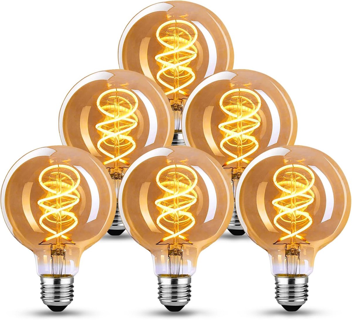Lamp E27 4W Dimbaar Vintage Edison Gloeilamp G80 - amber, 6 stuks | Amberkleurig glas, Spiraalvormige LED-filament, warm wit licht, Retro design,decoratief, Ideaal voor thuis, café of bar