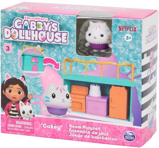 Verpakking van Gabby's Dollhouse 'Cakey' kamer speelset met Gabby, kat en keukeninterieur.