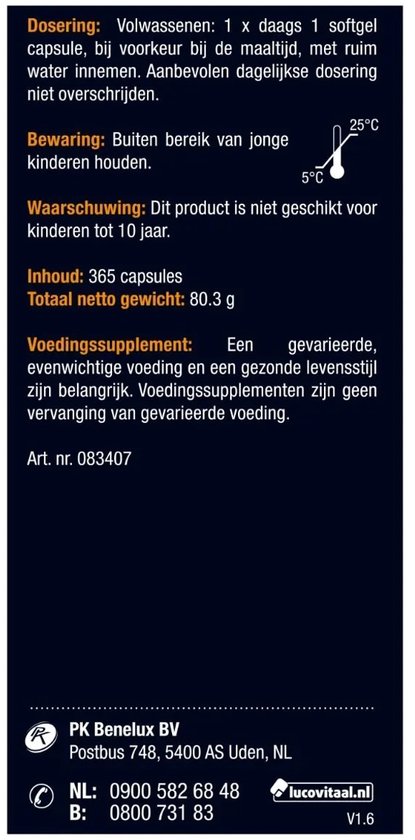 Dosering, waarschuwing, inhoud, voedingssupplement informatie, telefoonnummers en website.
