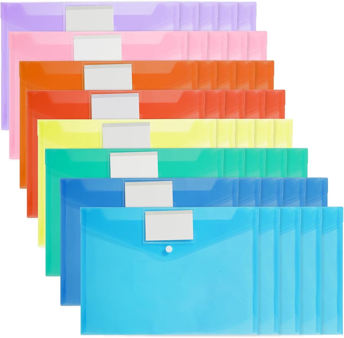 40 stuks Documentenmappen A4 - Transparante en Waterdichte Opbergmappen met Drukknop en Labelvak, 11 Perforatiegaten voor Ringbanden, 8 Kleuren Assortiment voor School, Kantoor en Thuis (40)