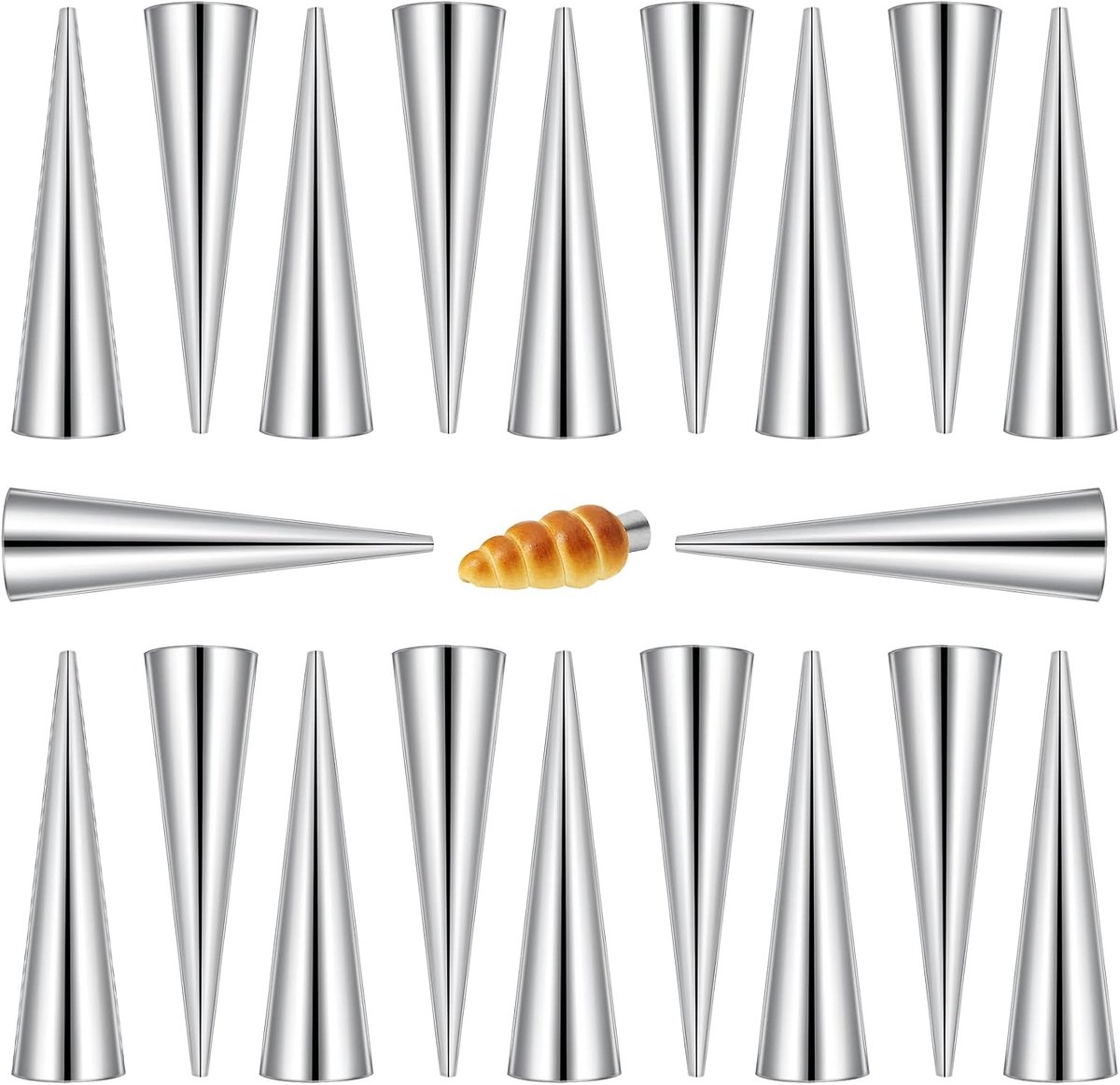 20 stuks schillerkrullenvormen, irispelvorm, cannoli vormen, schuimrolvormen, roestvrij staal, rechte buisjes, hoorntjes, slagroomrollen, cannoli bakvormen voor cake, gebak, croissant