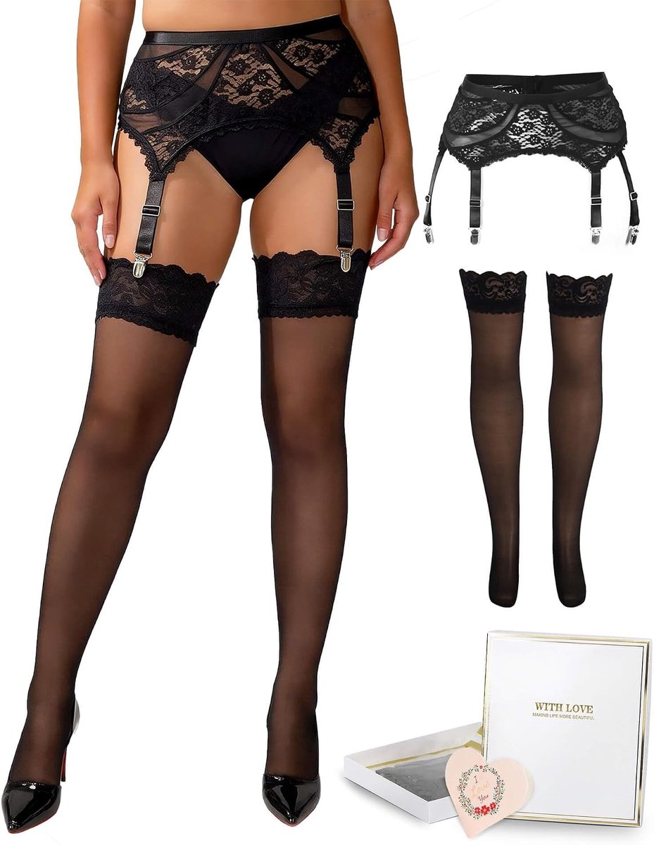 ohyeahlady Sexy kousen met jarretelgordel, set kanten jarretels, lingerieset met kousen, curvy ondergoed, 20 DEN, nylon kousen, stokken, grote maten, brede kousenhouder voor dames, verpakking