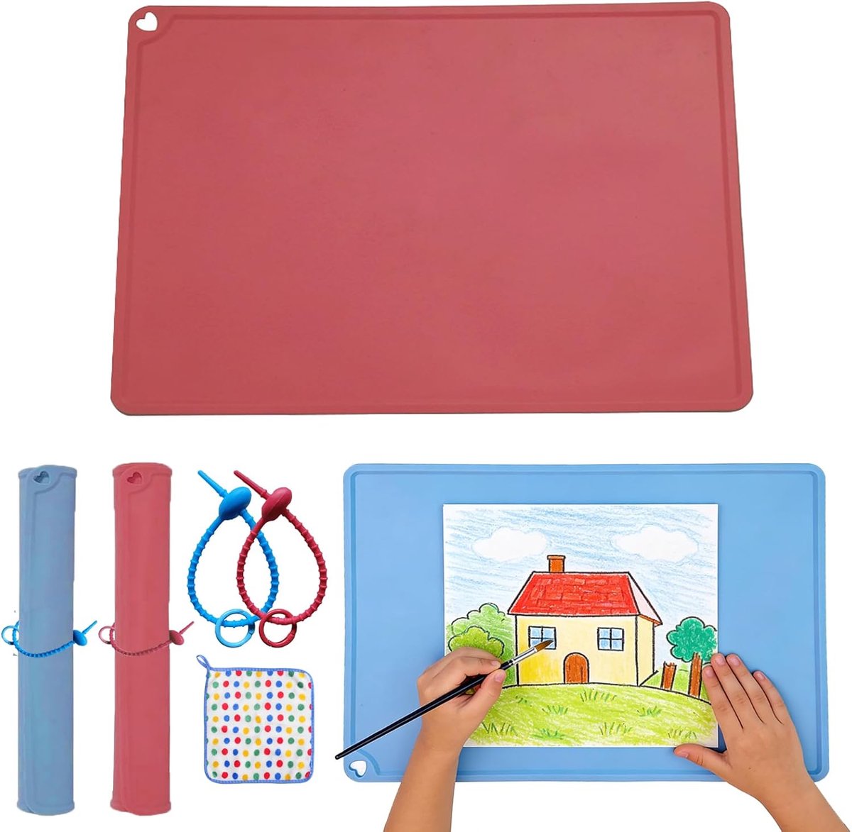 2 stuks schilderonderlegger voor kinderen met kabelbinders, 60 x 40 cm, knutselonderlegger, groot, kneedonderlegger voor kinderen met verhoogde randen voor placemat, huisdiervoermat