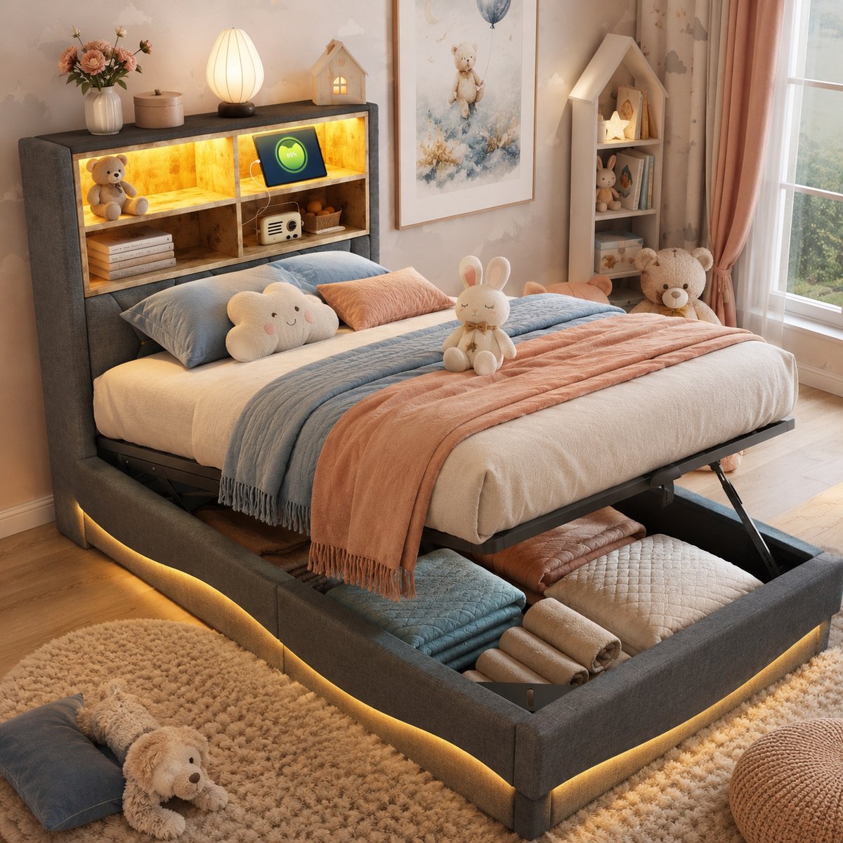 Eenpersoonsbed 90x200 cm - Gestoffeerd bed - Multifunctioneel bed - Met LED-lampen en USB-oplaadpoort - Met opbergruimte - Grijs