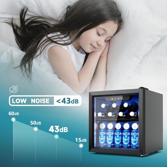 Joorly Mini Koelkast - Minibar - Drankkoelkast met glazen deur - Minibar voor 126 blikjes - met LED en temperatuurregeling - Wijn en bier koelkast - 43×41×47 cm - Zwart- RVS — afbeelding 3