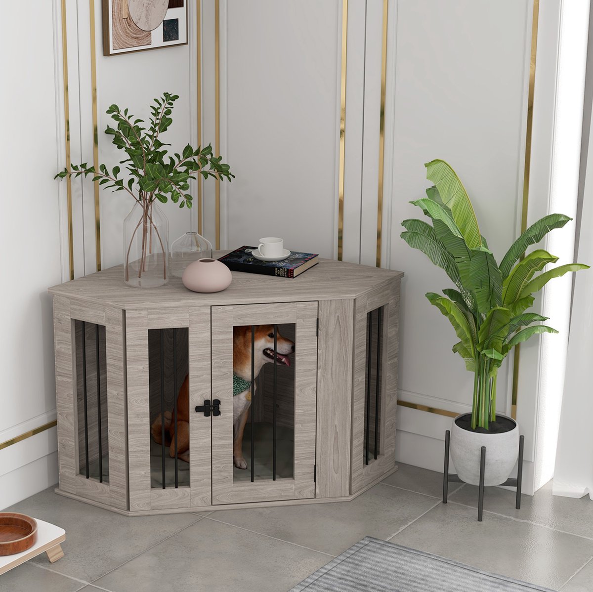 REDOM - Hundekäfig voor middelgrote honden - Met kussen en deurriegel - Stabiele constructie - Houtlook - Woonkamer - Multiplex - Walnoot - 104 x 55 x 63 cm