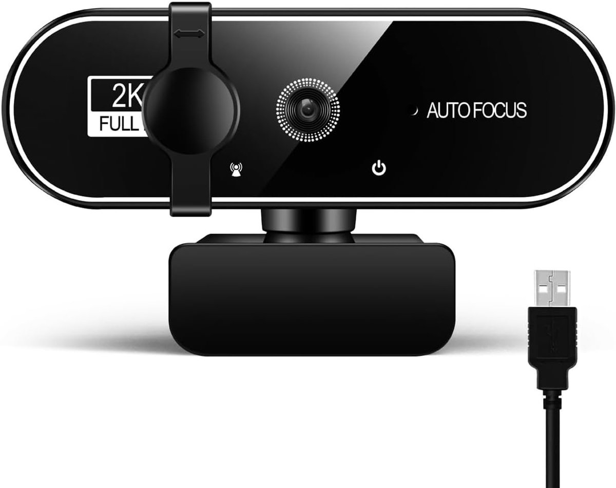 SnelShoppen - Webcam met microfoon 2K, USB plug-and-play webcamera voor pc, laptop, desktop en MAC, ideaal voor YouTube, Skype videobellen, studeren e