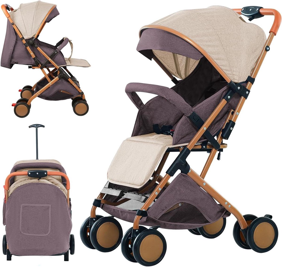 Wandelwagen Baby - Kinderwagen Buggy - Veilig Reizen - Met Eén Hand Opvouwbaar - Tot 15 kg - Kaki