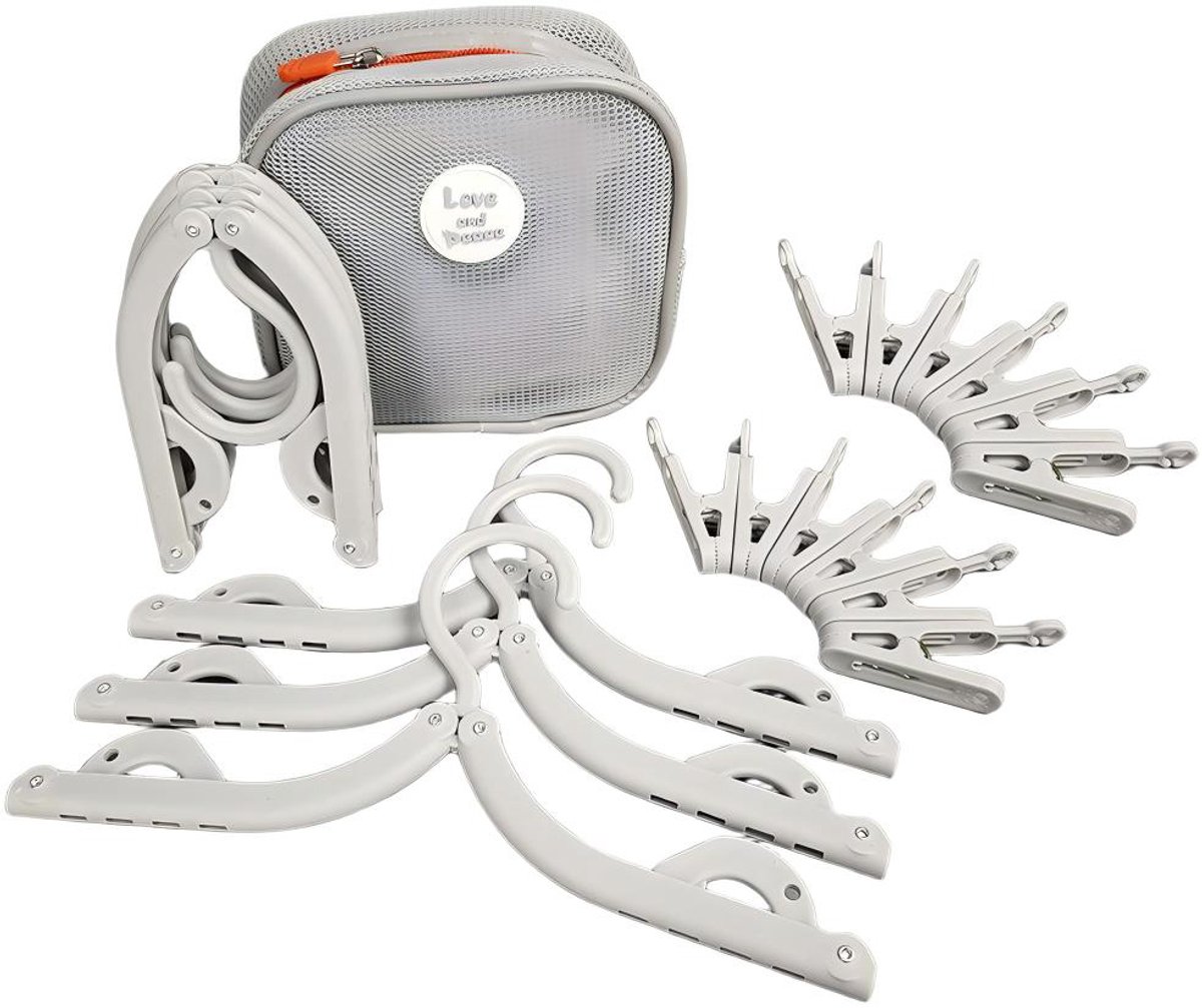18-delige Reiskledinghanger - Opvouwbare kledinghanger - Kledingklem - Reisaccessoire - Draagbaar,Inclusief Opbergzak,6 kledinghangers en 12 clips - Plastic - 42,6×21 Cm - Geschikt voor reizen, kamperen, hotelverblijven en studentenkamers - Grijs