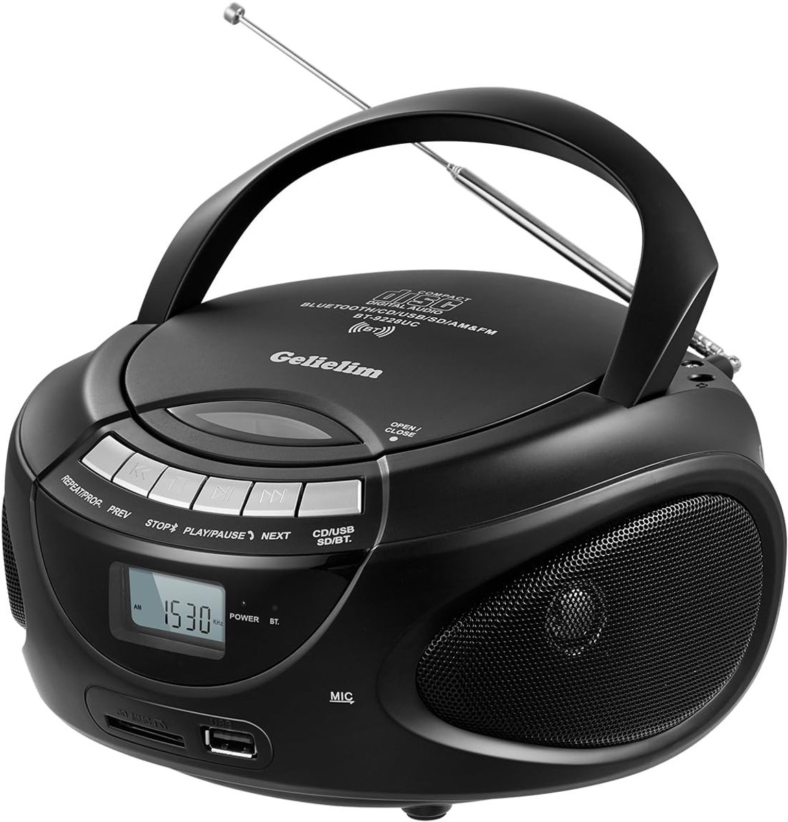 SnelShoppen - Draagbare CD Speler Boombox met Bluetooth, AM FM Radio, USB, SD, MMC, Hoofdtelefoon aansluiting, LCD Display, AC/DC Voeding, Ideale Cade