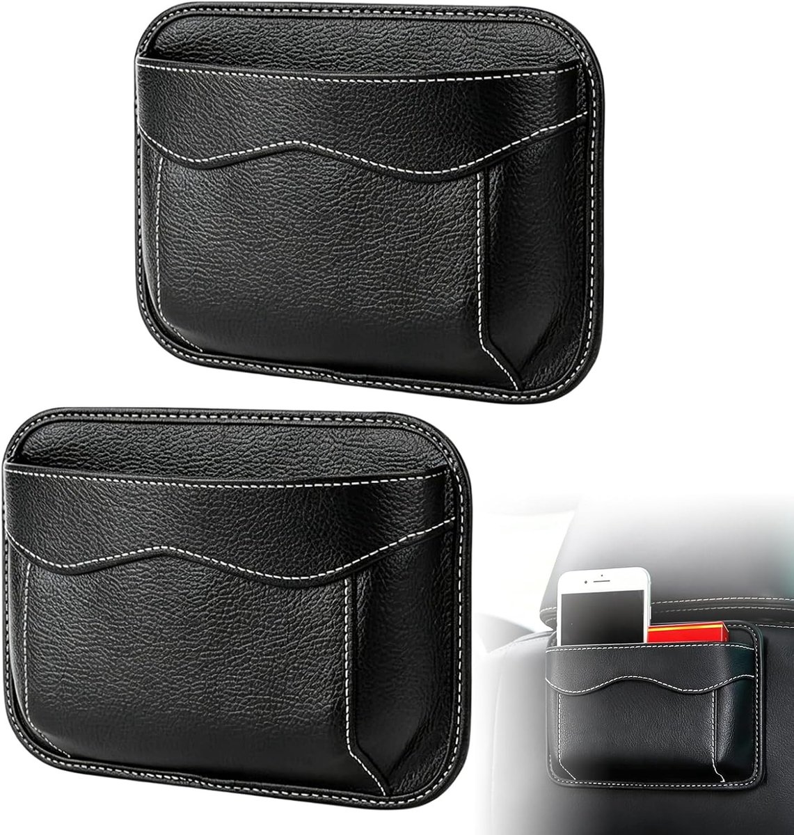 2 stuks zijvakken voor autostoelen, autostoelorganizer, PU-leer, auto-organizer, zelfklevend, auto-opslag voor mobiele telefoon, sleutels, mappen, notitieblokken