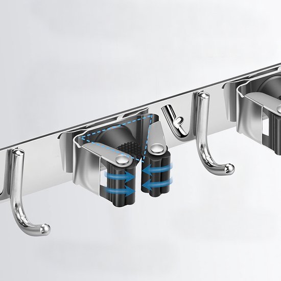 Wandrek voor gereedschap - 2-delige set - 5 clips, 4 haken - 43,2 cm - Hangende opbergplank - Geschikt voor tuingereedschap, bezems en andere benodigdheden - Inclusief montageschroeven - Roestvrij staal - Stevig en duurzaam - Zilver van Ruijingsky — afbeelding 2