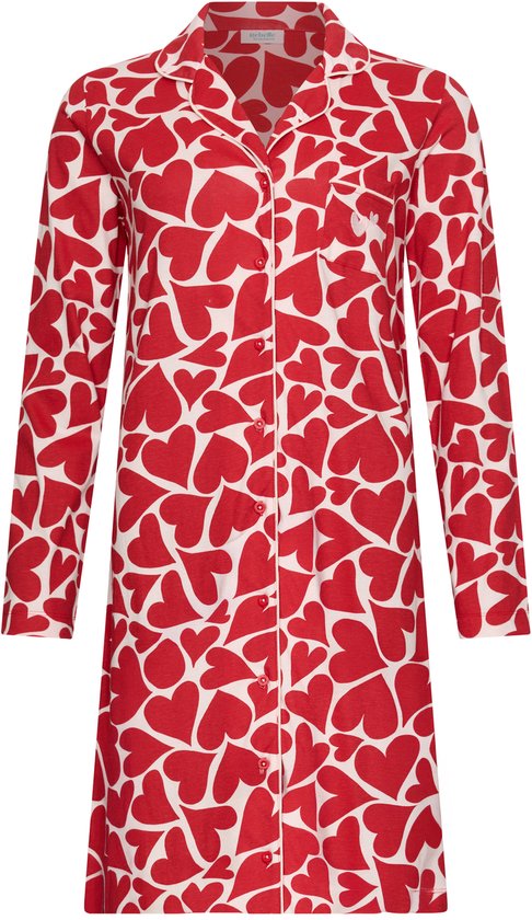 Rood nachthemd met witte hartjesprint, doorknoopsluiting en contrasterende bies.