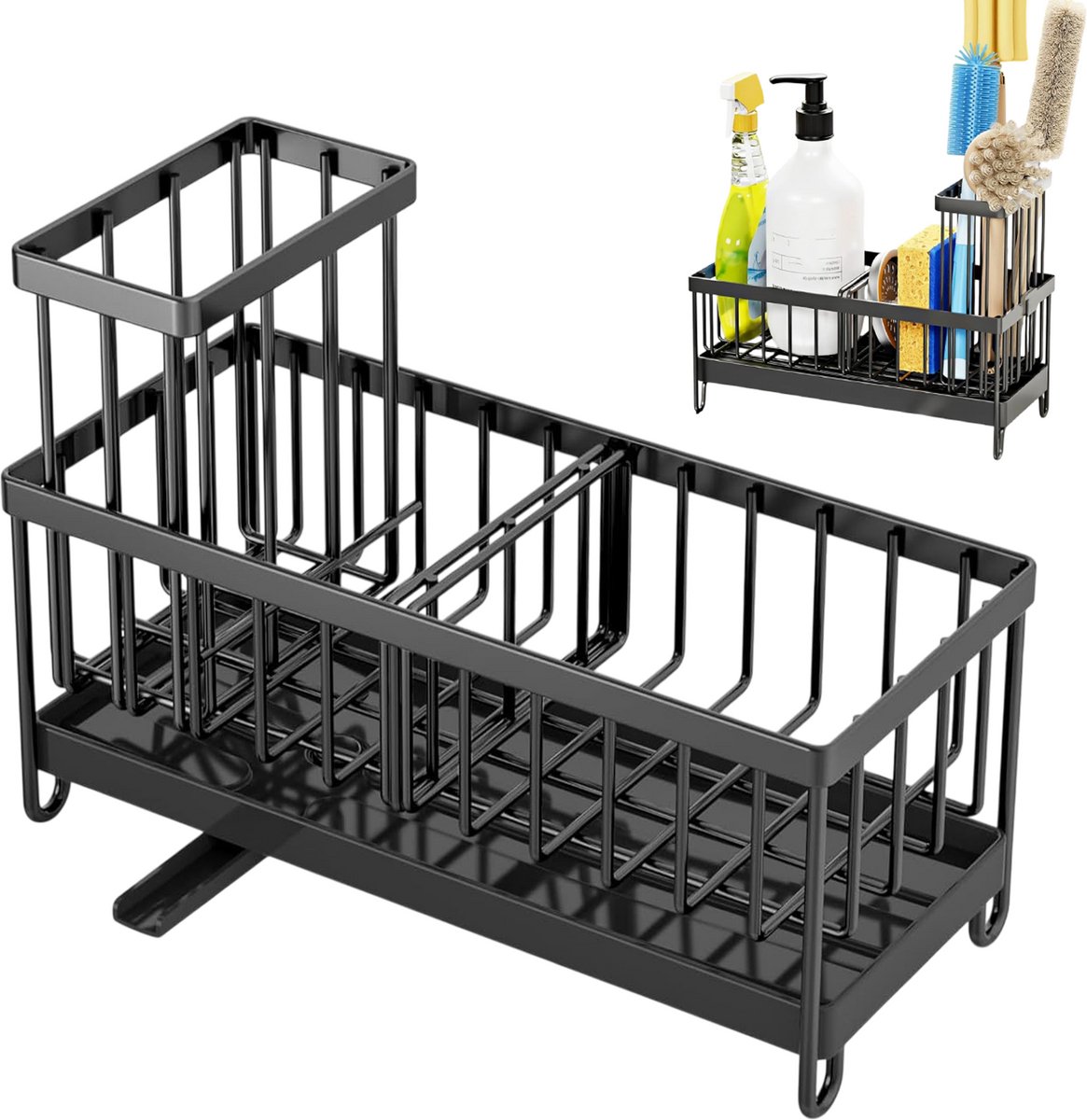 Opbergrek voor sponzen - Gootsteen Organizer met Borstelhouder - Sponshouder Keuken - Keukenopbergdoos - 24 cm x 16,5 cm x 10,2 cm - Zwart - Geschikt voor keukenopslag