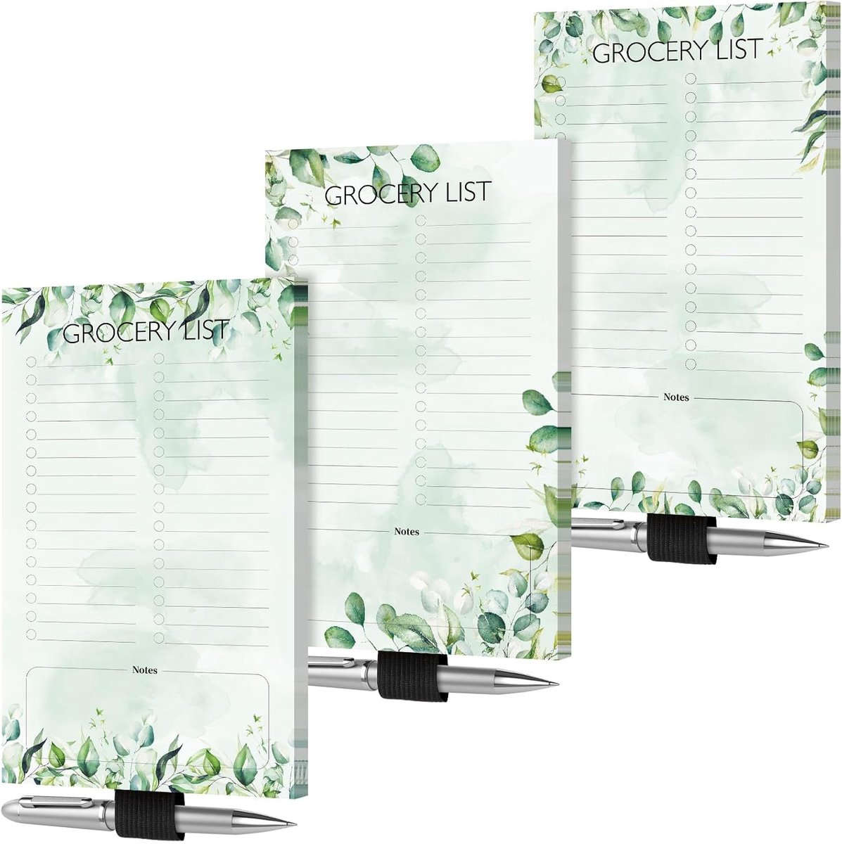 Notitieblok - Magnetisch Boodschappenlijstblok - 3 Sets Met Pennenhouder - Koelkast Memobloc - Gelijnde Pagina's - 11,4 x 19 cm - Eucalyptus Ontwerp - Keuken Organizer - Herbruikbaar - Pen niet inbegrepen