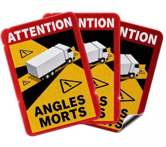Drie reflecterende dodehoekstickers 'ATTENTION ANGLES MORTS' met illustratie van een vrachtwagen op een gele en zwarte achtergrond.