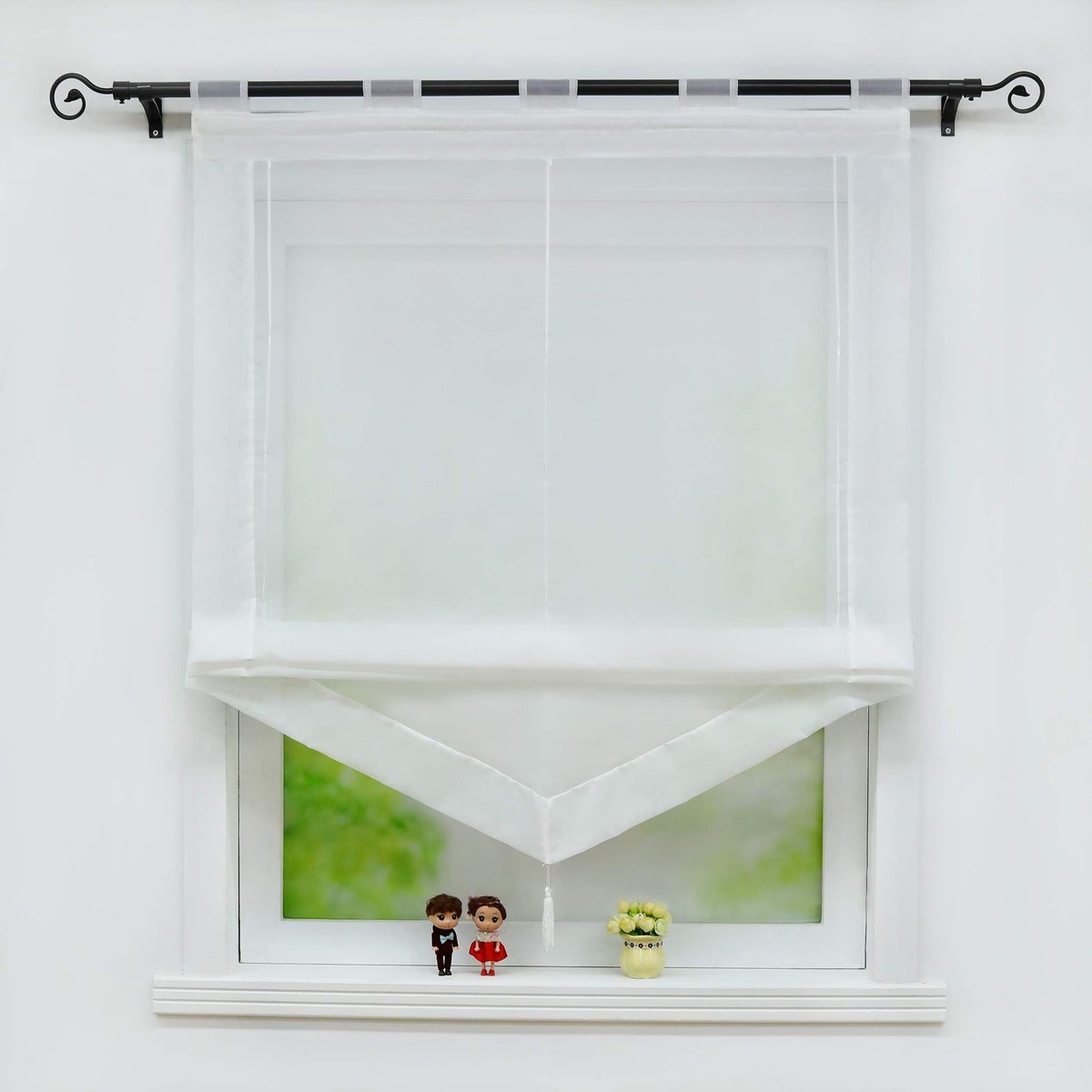 Omgoods - Voile Roman Blind met Kwast, Transparante Rolgordijn met Kleurrijke Strip 45x140 cm