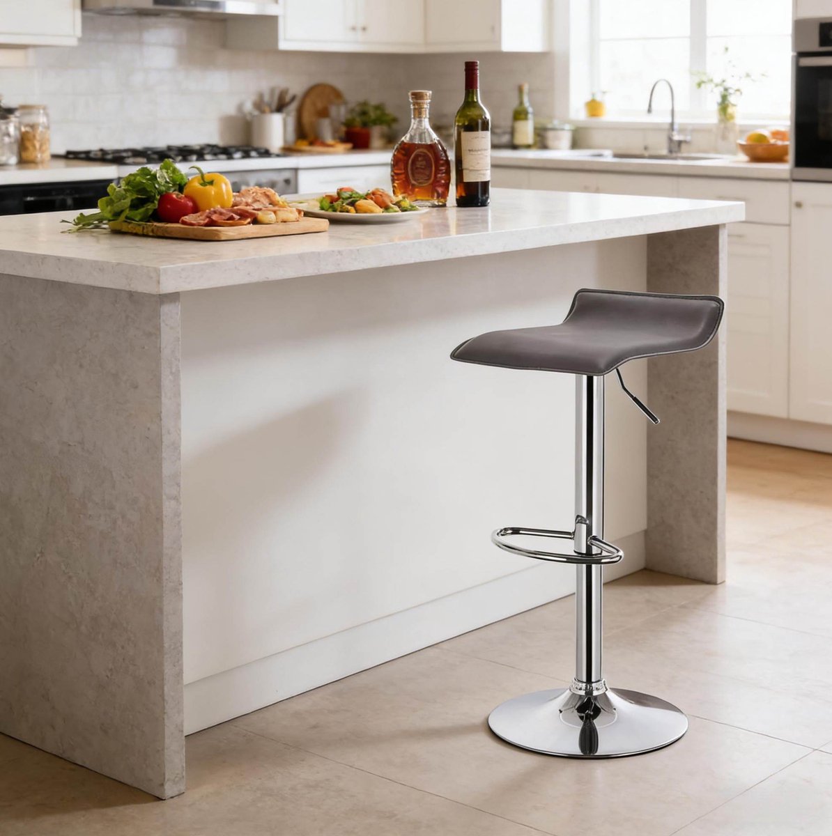 COVREO Barkruk 62-84 cm grijs, van kunstleer met rugleuning en draaibaar