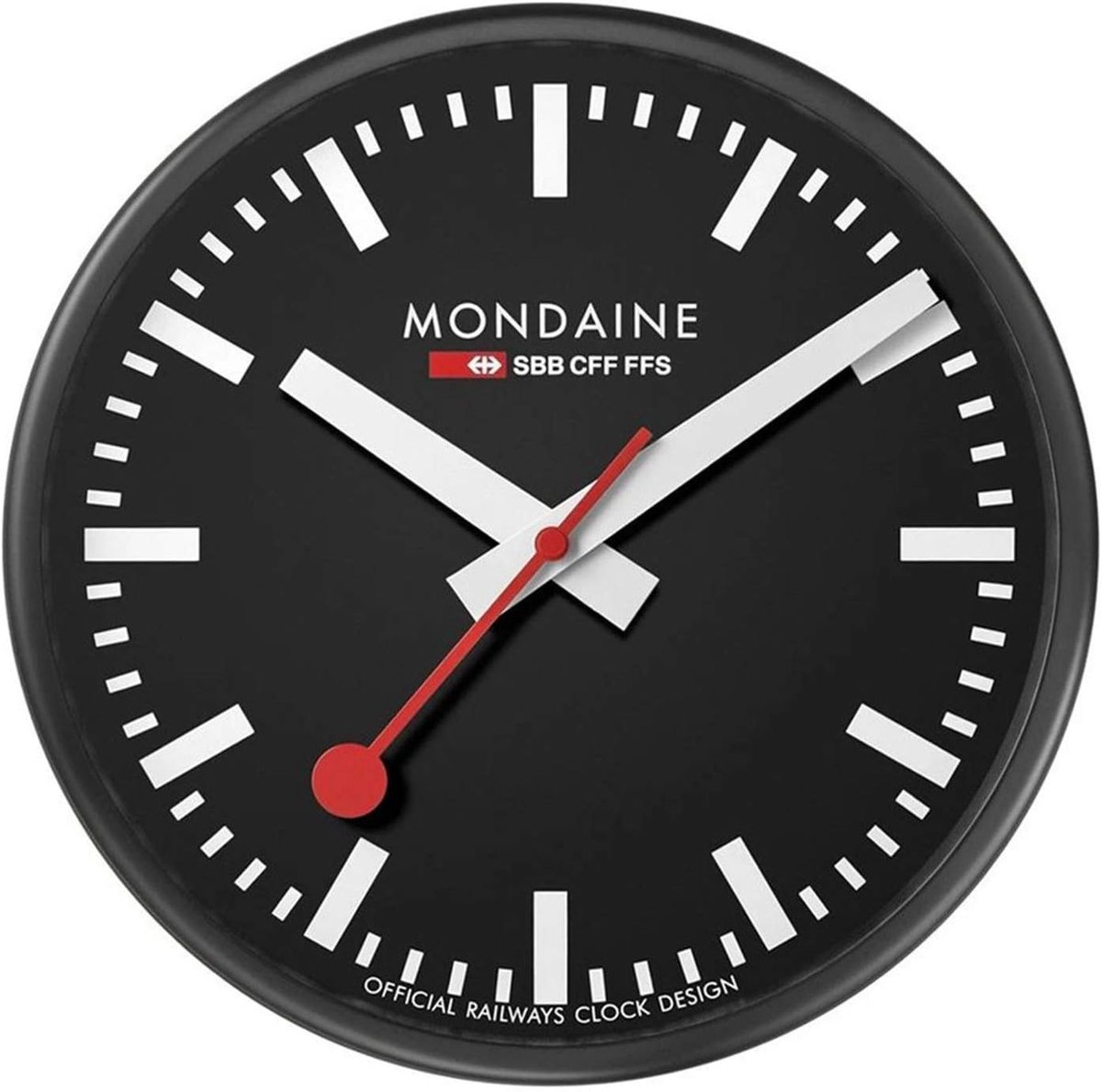 SnelShoppen - Wandklok 25cm Aluminium Zwart met Rode Secondewijzer - Stofbestendig Zwitserse Stationsklok voor Woonkamer, Keuken en Kantoor