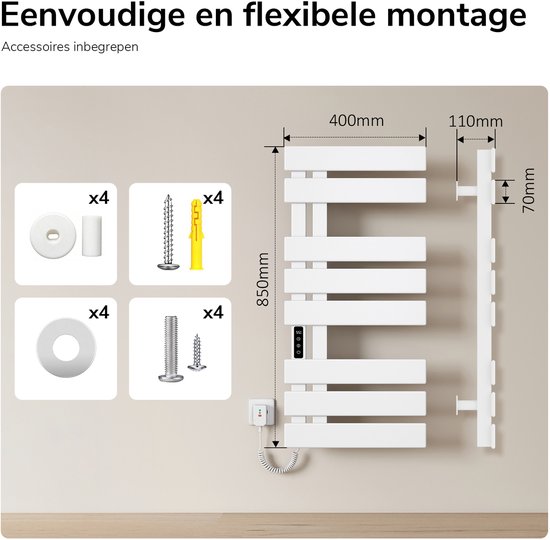 Witte handdoekradiator met afmetingen van 85x40cm en bijbehorende montageaccessoires. Inclusief bedieningspaneel met display.