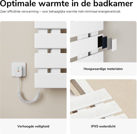 Witte handdoekradiator met horizontale staven, een bedieningspaneel en een detail van hoogwaardige materialen en IPX5 waterdichtheid.