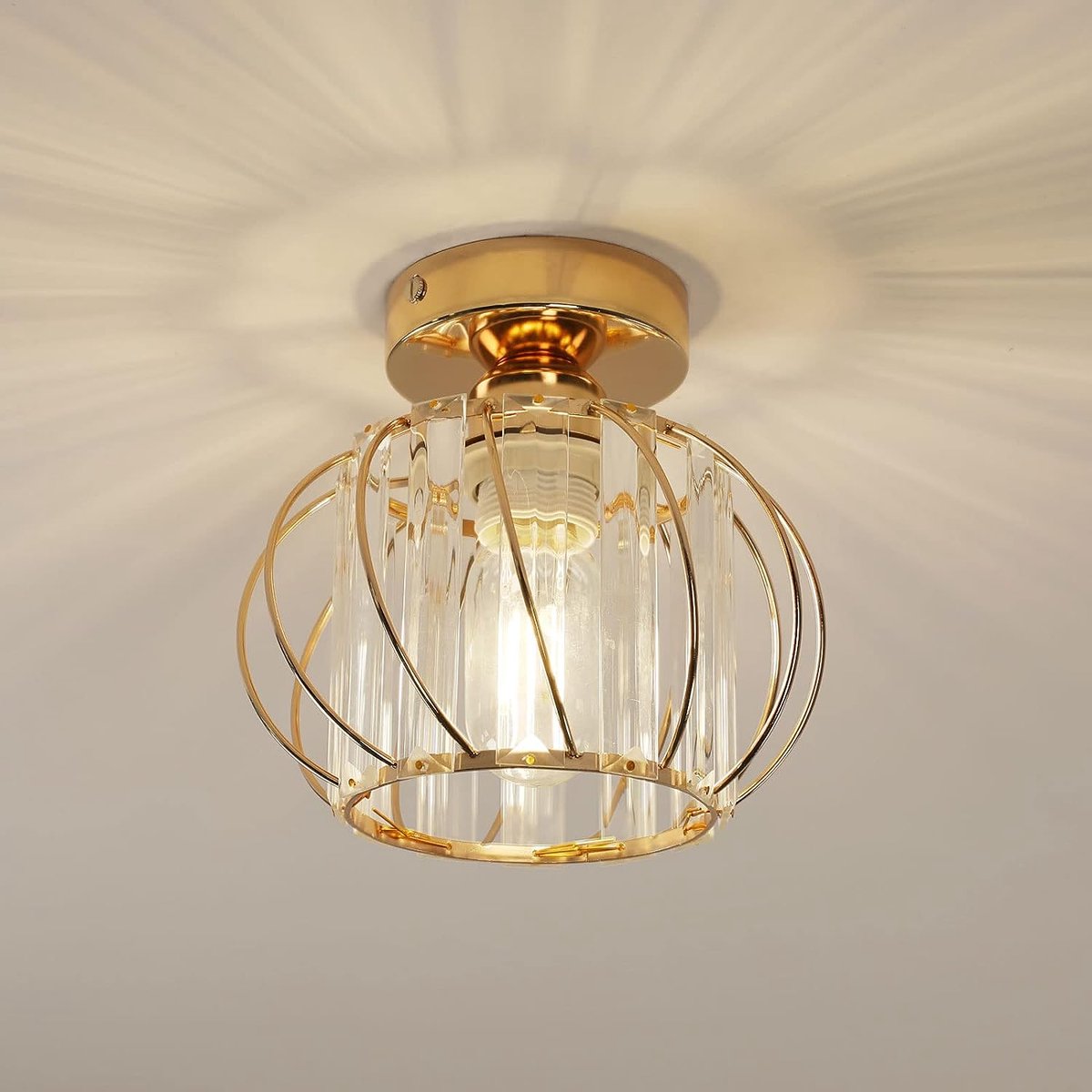 Riserva Kristallen Plafondlamp Goud - E27 Fitting - Moderne Ronde Plafondlamp van Kristal en IJzer voor Woonkamer, Slaapkamer en Hal