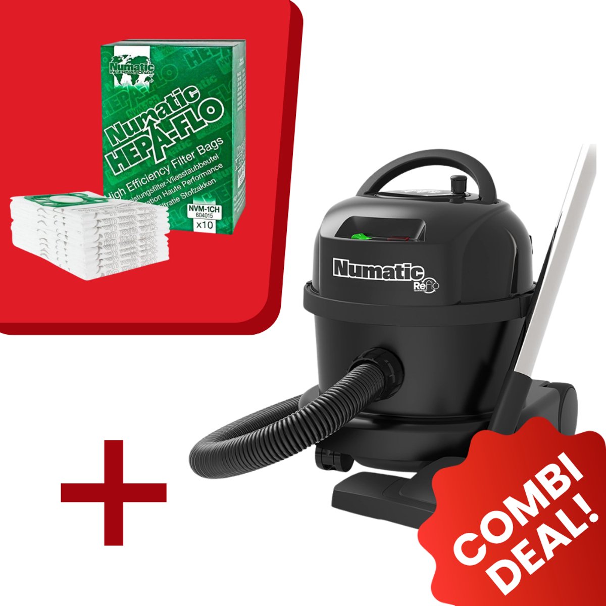 Numatic - Stofzuiger PPR240 ReFlo - Zwart - Inclusief 10x Stofzuigerzak NVM-1CH Hepa
