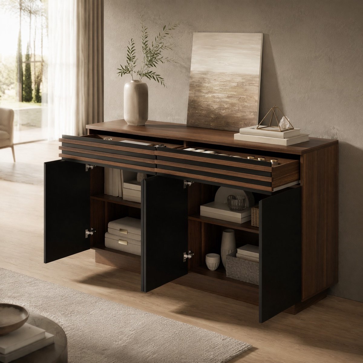 REDOM- Dressoir - 2 lades - 4 deuren - verstelbare planken - moderne stijl - woonkamer, eetkamer en keuken - MDF - Zwart, Bruin - 150 x 40 x 85 cm